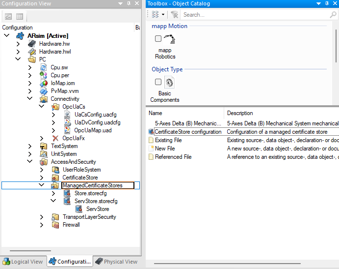 Configuration View with AccessAndSecurity > ManagedCertificateStores selected, and the Object Catalog listing “CertificateStore configuration”. In this project the store node under ServStore.storecfg was renamed to ServStore.