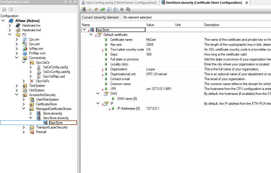 The store editor for an application store: certificate name MyCert, key size 2048, 365 days, Organization Loupe, Organizational unit OPC UA server, URI urn:127.0.0.1/BR/, IP 127.0.0.1
