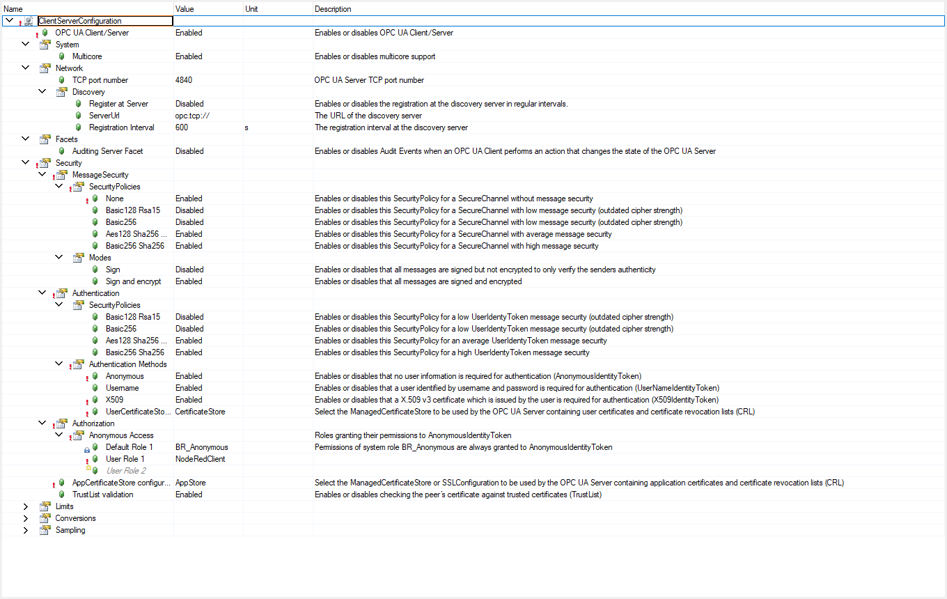 UaCsConfig.uacfg with the Security group expanded: message security, authentication methods with X509 and UserCertificateStore configuration = CertificateStore, and AppCertificateStore configuration = AppStore with TrustList validation enabled. In this test project the user store kept its default name CertificateStore, and SecurityPolicy None and Anonymous are still enabled.
