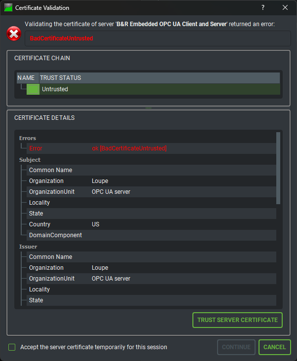 UaExpert Certificate Validation dialog for the PLC’s self-signed certificate: BadCertificateUntrusted, Organization Loupe, OrganizationUnit OPC UA server