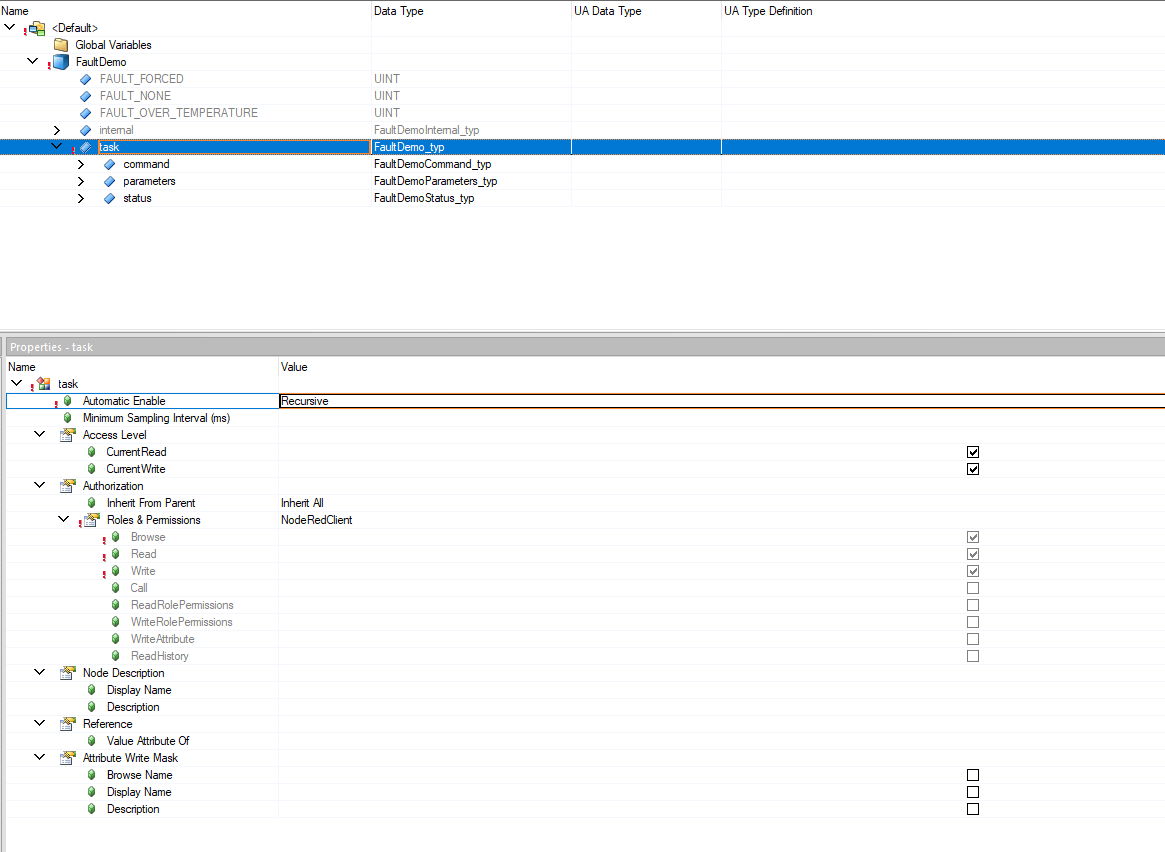 The default view editor: FaultDemo task enabled, Automatic Enable = Recursive, NodeRedClient permissions inherited