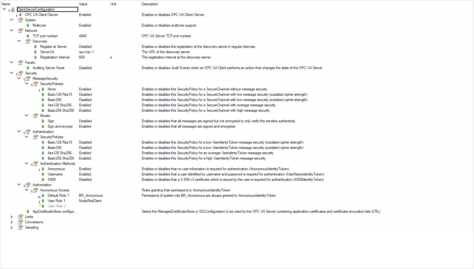 UaCsConfig.uacfg with advanced parameters visible: the server, SecurityPolicy None and anonymous logins enabled, and User Role 1 = NodeRedClient under Anonymous Access