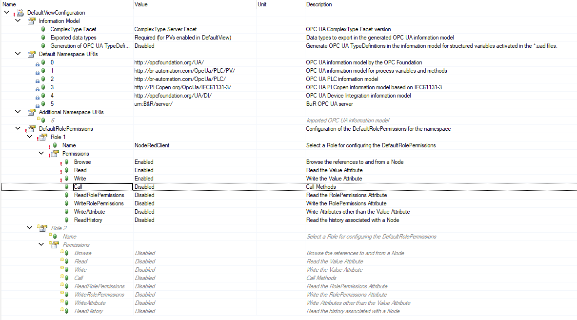 UaDvConfig.uadcfg with DefaultRolePermissions for NodeRedClient: Browse, Read and Write enabled