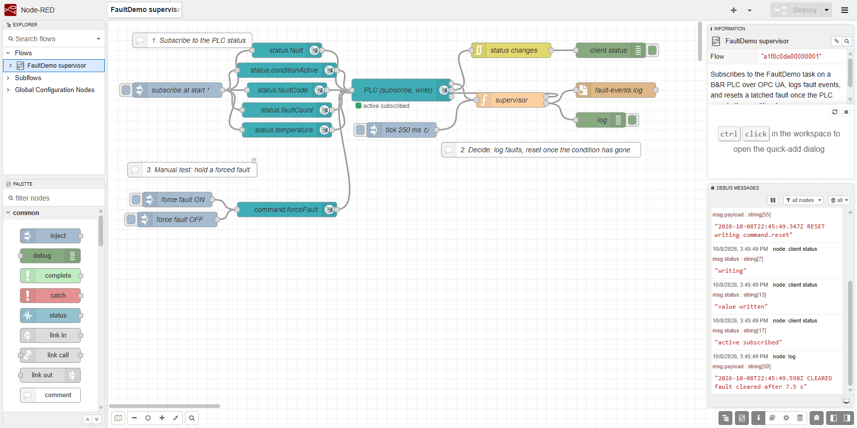 The FaultDemo supervisor flow running, with fault events in the debug sidebar