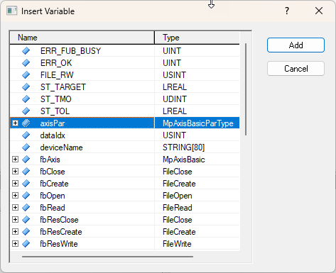 Insert variable dialog